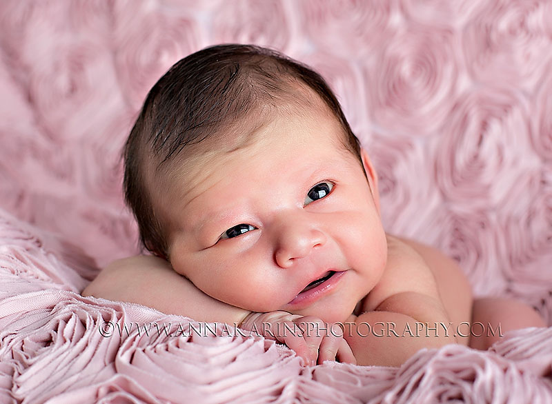 baby girl on pink roses backdrop, alert baby girl