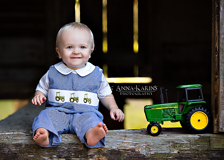 John Deere tractor toy, little boy in jon jon