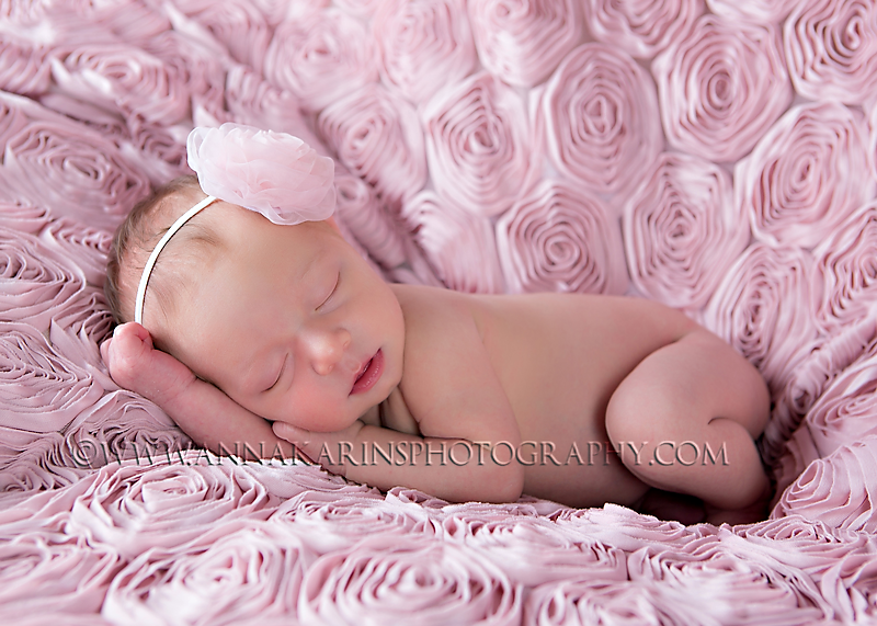 beautiful newborn baby girl on rosy blanket, sweet precious newborn baby girl, curled up newborn